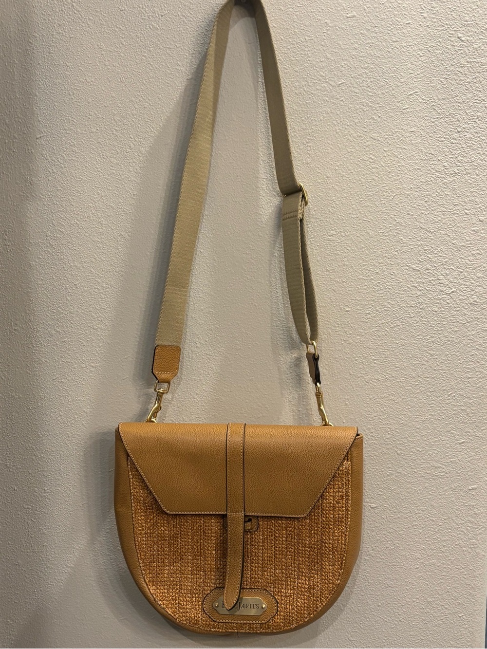Eric Javits Tan Saddle Crossbody with Straw Front